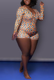Multicolor Sexy Fashion Printed Long Sleeve Plus Size Romper