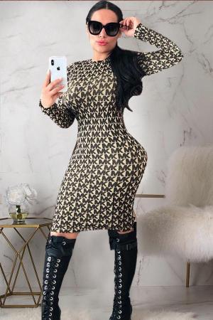 Brown Lightly cooked Fashion adult Cap Sleeve Long Sleeves O neck Step Skirt Knee-Length Print C