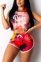 Red Active Fashion adult Patchwork Tie Dye Letter Print Two Piece Suits Straight Sleeveless T