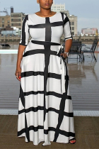 White Fashion Waist Slim Stripes Positioning Print Large Size Dress