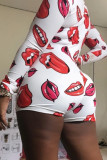 RedWhite Sexy Fashion Printed Long Sleeve Plus Size Romper