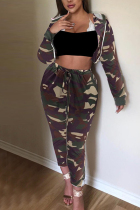Army Green Fashion Casual Long Sleeve Hooded Collar Regular Sleeve Short Camouflage Print Two Pieces