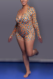 Blue Sexy Fashion Printed Long Sleeve Plus Size Romper