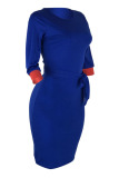 Blue Casual Patchwork Slim Knee Length Dress