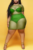 Fluorescent green Sexy Perspective Mesh Plus Size Dress