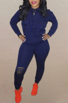 Deep Blue Fashion Solid Ripped Hooded Collar Long Sleeve Two Pieces
