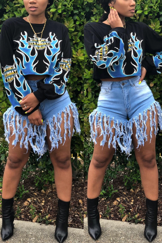 Black O Neck Print Print Long Sleeve Sweats & Hoodies