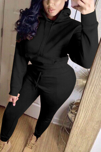 Black British Style Solid Hooded Collar Long Sleeve Regular Sleeve Regular Two Pieces