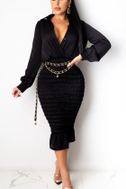 Black Sexy British Style Solid Fold Turndown Collar Long Sleeve Knee Length Pencil Skirt Dresses