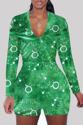 Green Fashion Adult Living Print V Neck Skinny Rompers