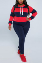 Red and blue Fashion Casual Striped Print Basic Hooded Collar Plus Size Set