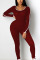 Wine Red Sexy Adult Solid Patchwork Hooded Collar Regular Jumpsuits