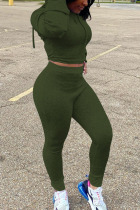 Army Green Street Solid Hooded Collar Long Sleeve Regular Sleeve Two Pieces