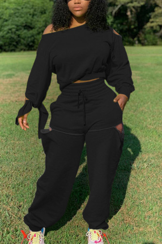 Black Fashion Casual Solid Ripped Oblique Collar Two Pieces