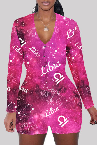 Deep pink Fashion Adult Living Print V Neck Skinny Rompers