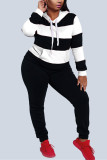 Black and white Fashion Casual Striped Print Basic Hooded Collar Plus Size Set