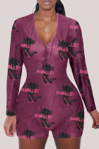 fuchsia Fashion Adult Living Print V Neck Skinny Jumpsuits
