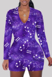 purple Fashion Adult Living Print V Neck Skinny Rompers