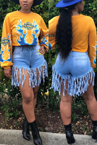 Yellow O Neck Print Print Long Sleeve Sweats & Hoodies