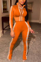 Orange Fashion Casual Striped Patchwork Patchwork Zipper Collar Long Sleeve Two Pieces