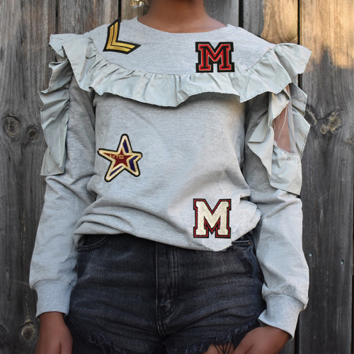 Grey O Neck ruffle Print Patchwork Print Long Sleeve Sweats & Hoodies