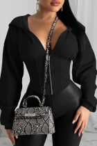 Black hooded Zippered Solid asymmetrical Slim fit Patchwork Pure Long Sleeve 
