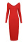 Red Casual Long Sleeves Slim Blending Mid Calf Dress