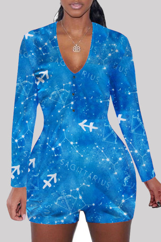 Blue Fashion Adult Living Print V Neck Skinny Rompers
