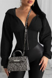 Black hooded Zippered Solid asymmetrical Slim fit Patchwork Pure Long Sleeve 