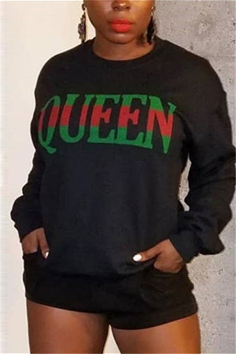 Black O Neck Patchwork Letter Print Print Long Sleeve 