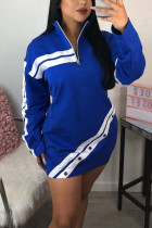 Blue Fashion Casual Patchwork Patchwork Zipper Collar Long Sleeve Mini A Line Dresses