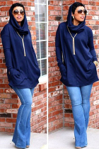 Navy Blue hooded Solid Patchwork Polyester Pure Long Sleeve 