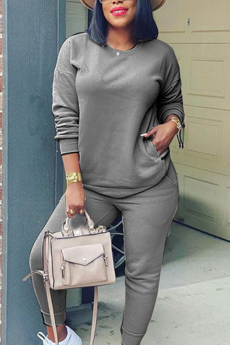 Dark Gray Casual Adult Solid Patchwork O Neck Two Pieces