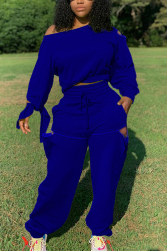 Blue Fashion Casual Solid Ripped Oblique Collar Two Pieces