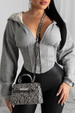 Grey hooded Zippered Solid asymmetrical Slim fit Patchwork Pure Long Sleeve 