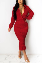 Red Sexy British Style Solid Fold Turndown Collar Long Sleeve Knee Length Pencil Skirt Dresses