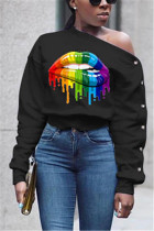 Black One Shoulder Collar Print Print Long Sleeve 