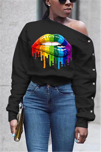 Black One Shoulder Collar Print Print Long Sleeve 
