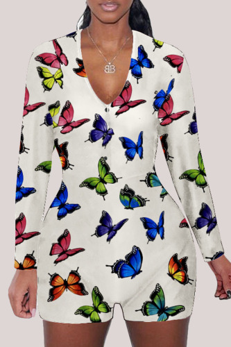 White Fashion Adult Living Print V Neck Skinny Rompers