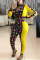 Yellow venetian Casual Print Two Piece Suits Patchwork Straight Long Sleeve  Two-piece Pants Set