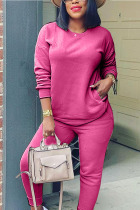 rose red Casual Adult Solid Patchwork O Neck Two Pieces