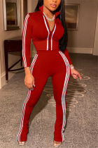 Red Fashion Casual Striped Patchwork Patchwork Zipper Collar Long Sleeve Two Pieces