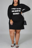 Red Fashion Casual Plus Size O Neck Long Sleeve Regular Sleeve Letter Print T-shirt Dress