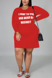 Red Fashion Casual Plus Size O Neck Long Sleeve Regular Sleeve Letter Print T-shirt Dress