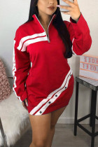 Red Fashion Casual Patchwork Patchwork Zipper Collar Long Sleeve Mini A Line Dresses