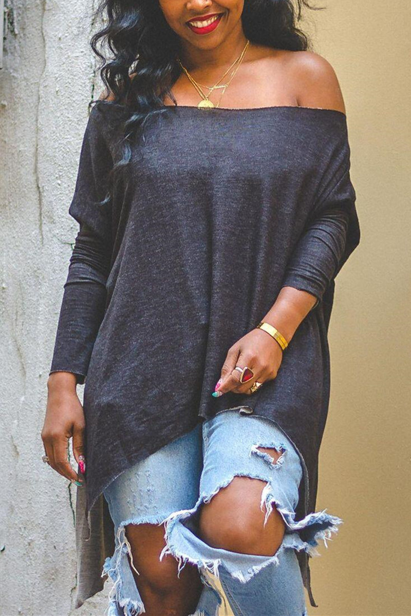 

Black Fashion Casual Solid Pullovers Oblique Collar Tops