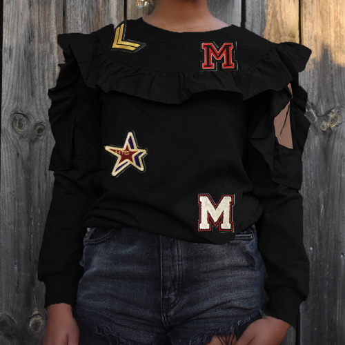 Black O Neck ruffle Print Patchwork Print Long Sleeve Sweats & Hoodies