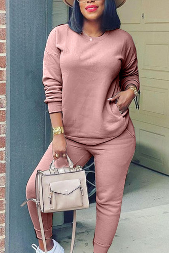 Coffee Casual Adult Solid Patchwork O Neck Two Pieces