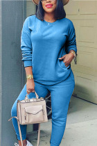 Royal blue Casual Adult Solid Patchwork O Neck Two Pieces
