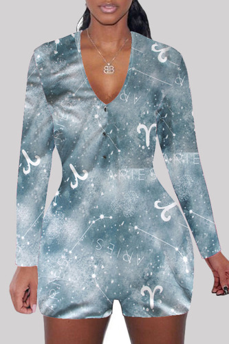 Baby Blue Fashion Adult Living Print V Neck Skinny Rompers